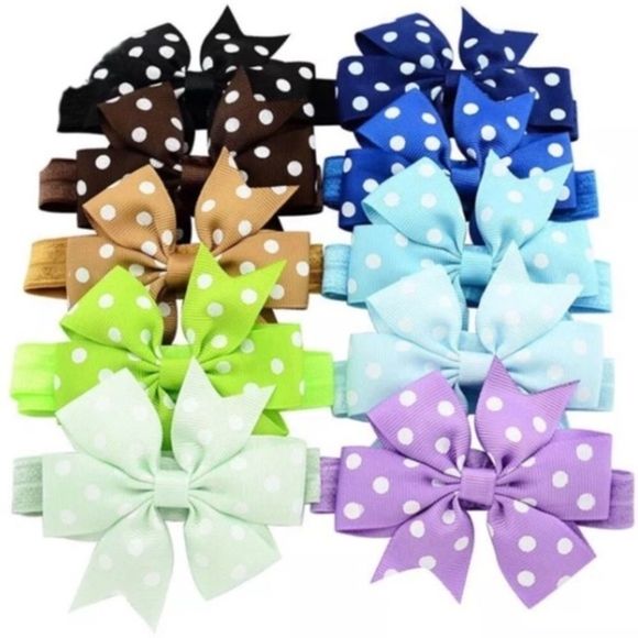 20 Rainbow Color Polka Dot Pinwheel Bow Headbands - 3.5” Bows - Picture 3 of 8